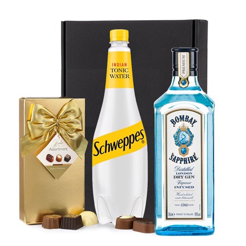 Bombay Sapphire Gin 70cl with Schweppes Tonic & Chocolates Gift Box | Spirit Mixer Set